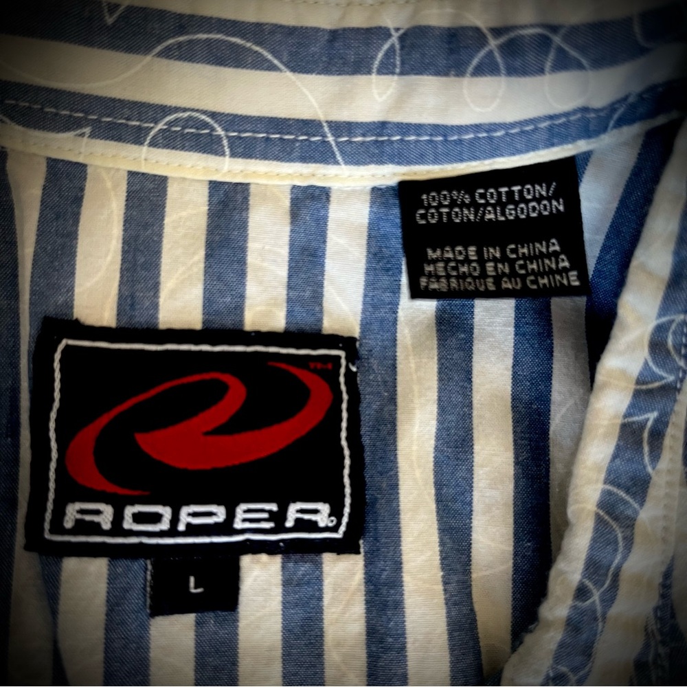 Roper Blue and White Western Striped Sleeveless snap front shirt L - Picture 6 of 6